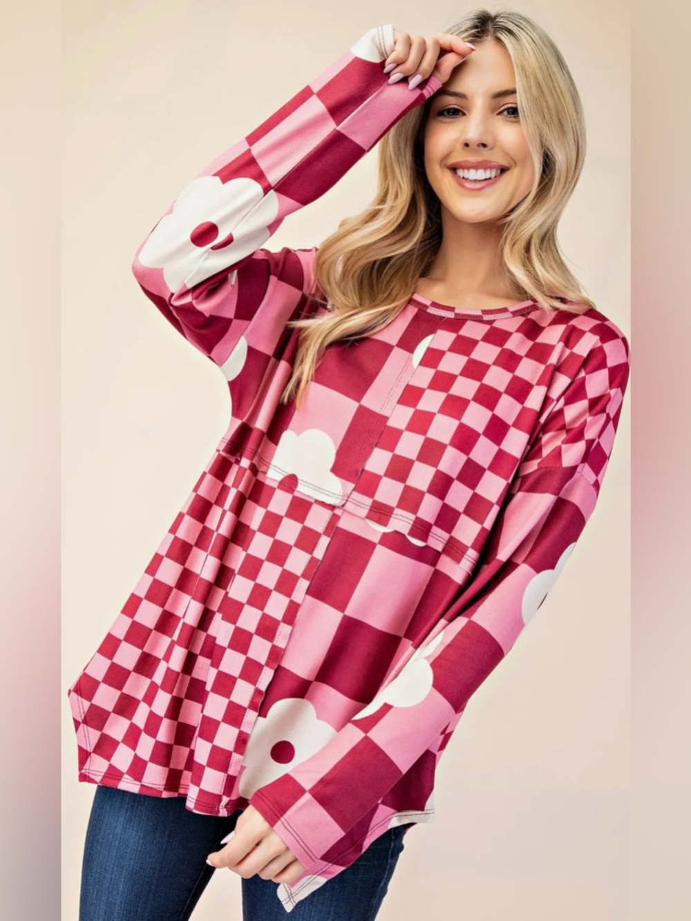 Celeste Pink and White Patchwork Checkerboard Floral Long Sleeve Tee